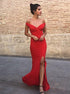 Sheath Off the Shoulder Satin Red Prom Party Dress with Split LBQ4352
